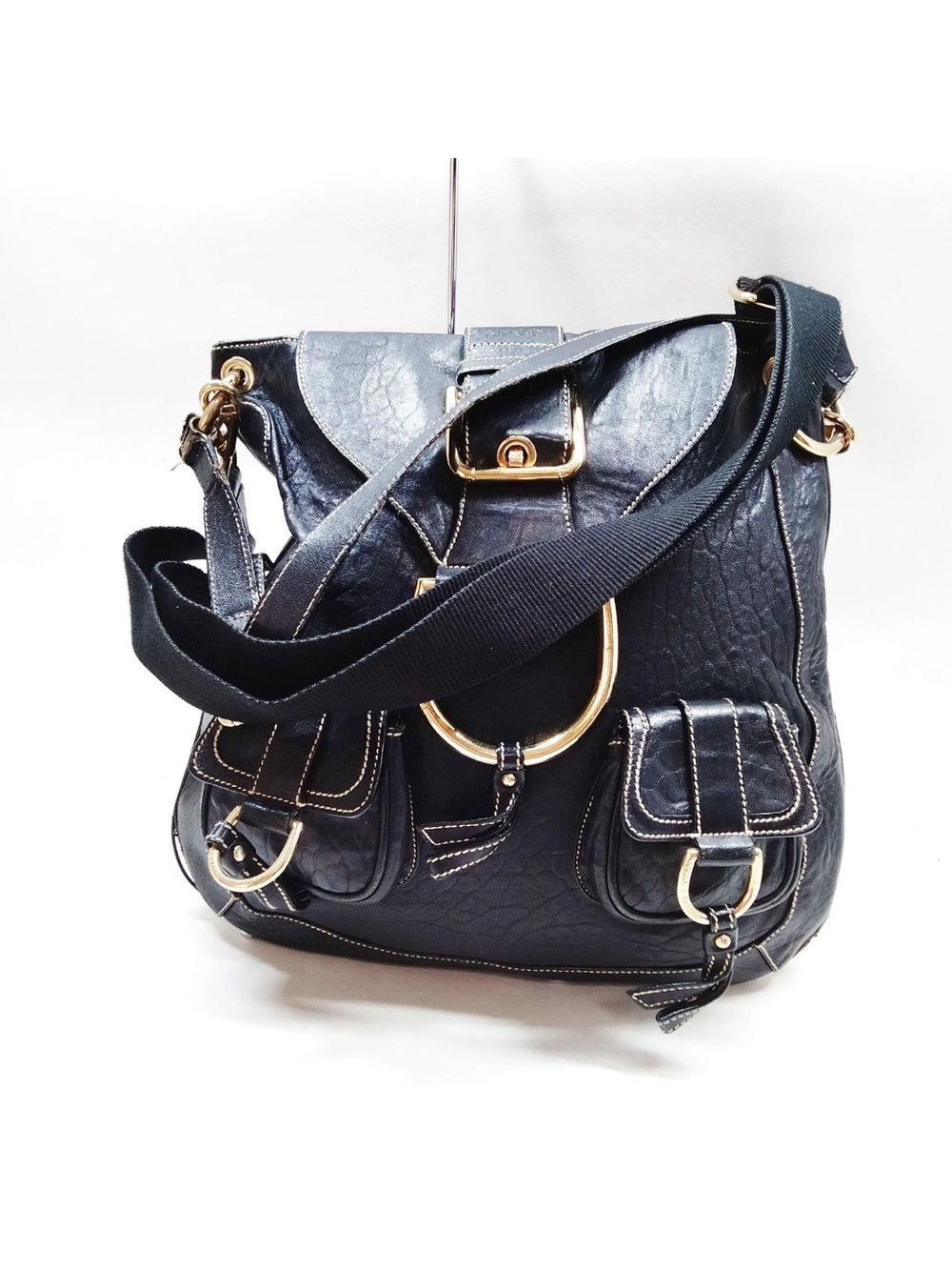 Dolce & Gabbana Navy Leather Shoulder Bag with Gold Hardware👝